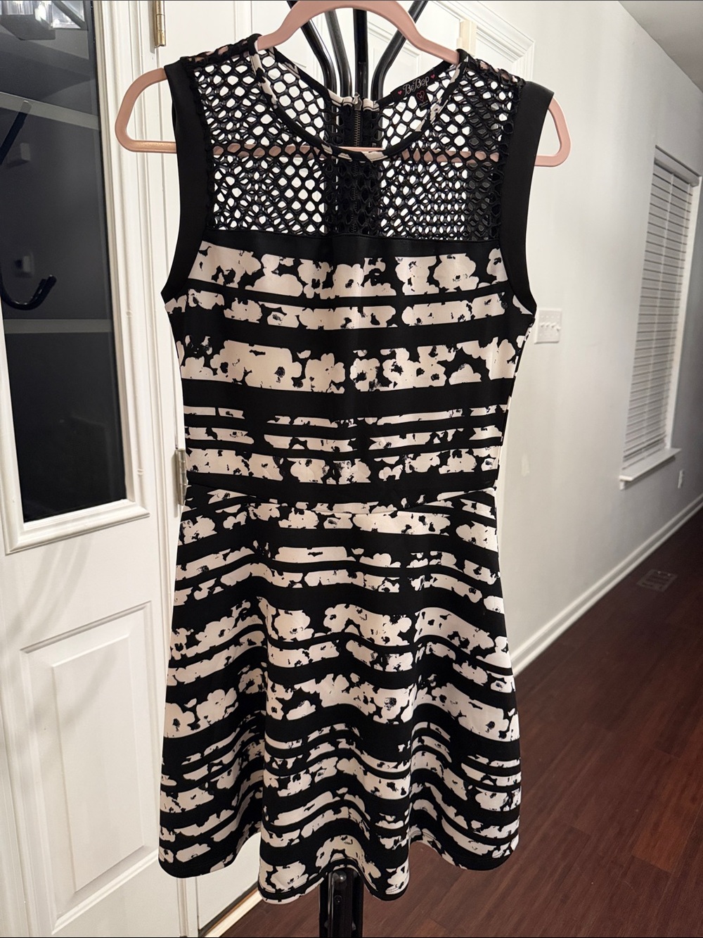 BeBop Sleeveless Black and White Patterned Fit & Flare Dress